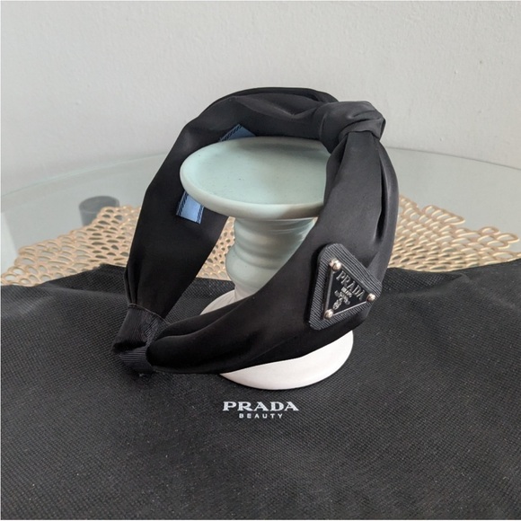 PRADA STYLE Black Satin Knot Headband logo triangle Milano - Picture 5 of 9
